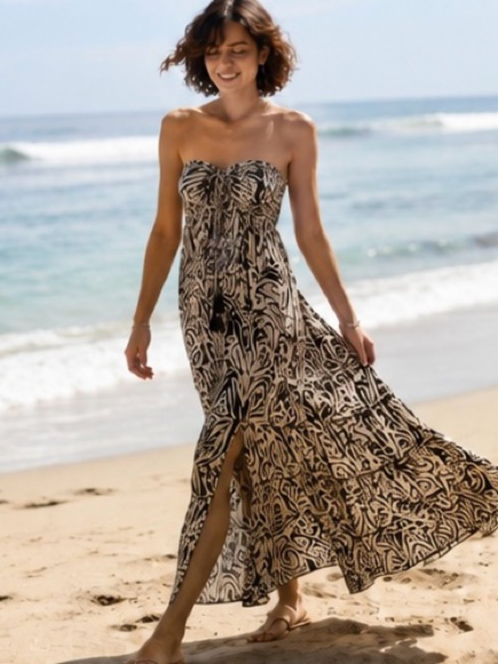 White Waves NWT Strapless Abstract Zebra Print Maxi Dress Boho Beach Resort |S/M